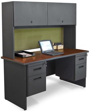 Picture of 72" Straight Steel Office Desk Workstation with Closed Overhead Storage and Filing Cabinets