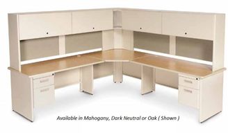 Picture of Corner L Steel Office Desk Workstation with Closed Overhead Storage and Filing Pedestals