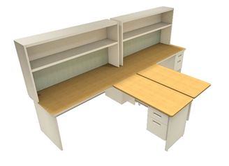 Picture of 2 Person Steel L Shape Office Desk Workstation with Filing and Overhead Storage