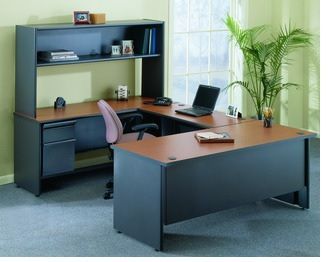 Picture of 72"W U Shape Steel Office Desk with Filing Cabinet and Overhead Storage