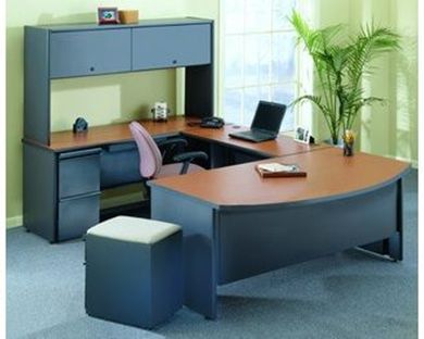Picture of 72"W Bowfront U Shape Steel Office Desk with Filing Cabinet and Overhead Storage