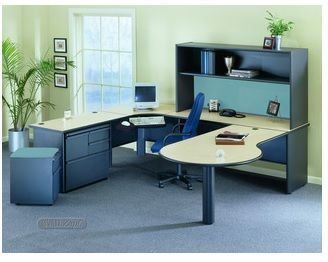 Picture of U Shape P Top Office Desk Workstation with Multi File Storage and Overhead Storage Hutch