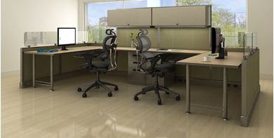 Picture of Cluster of 2 Person L Shape Office Desk Cubicle Workstation with Overhead Storage
