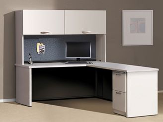 Picture of 66" L Shape Metal Office Desk Workstation with Overhead Storage and Filing Pedestal