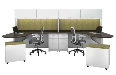 Picture of 2 Person L Shape D Top Metal Office Desk Workstation with Overhead Storage and Filing Pedestals