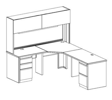 Picture of Corner Curve L Shape Metal Office Desk Workstation with Overhead Storage and Filing Cabinet