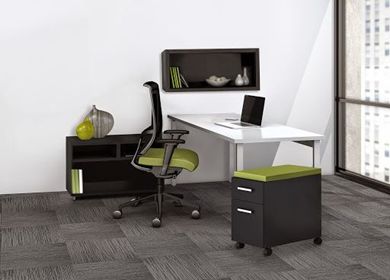 Picture of 60" Table Desk Workstation with Wall Mount Hutch, Open Storage and Mobile Pedestal