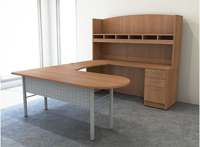 Picture of U Shape D Top Office Desk Workstation with Open Overhead Storage