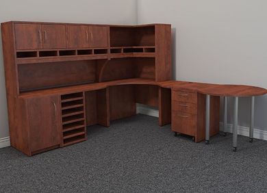 Picture of L Shape Office Corner Desk Workstation with Overhead Storage and Conference Table