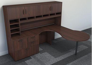 Picture of L Shape Curve Peninsula Office Desk Workstation with Overhead Storage