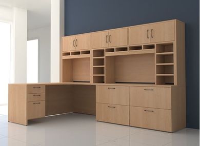 Picture of L Shape Office Desk Workstation with Overhead Storage and Filing Cabinet
