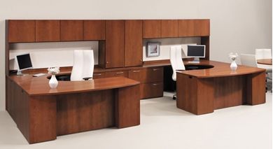 Picture of 2 Person U Shape Bowfront Office Desk Workstation with Overhead Storage Hutch