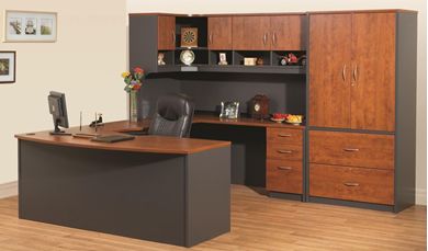 Picture of 72" Bowfront U Shape Office Desk Workstation with Closed Overhead Storage with Lateral File Bookcase