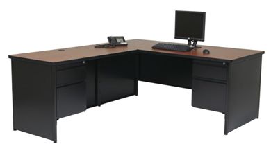 Picture of L Shape Metal Office Desk Workstation with Hanging File Pedestal