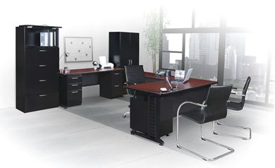 Picture of 72" L Shape Metal Office Desk Workstation with Kneespace Credenza and Storage Cabinets