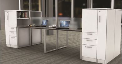Picture of Contemporary 4 Person Bench Seating Office Desk Station with Wardrobe Storage File