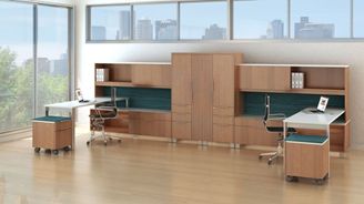 Picture of Contemporary 2 Person L Shape Office Desk Workstation with Wardrobe Stroage