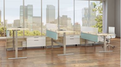Picture of Contemporary 3 Person Height Adjustable L Shape Office Desk Workstation