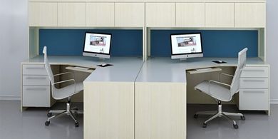 Picture of 2 Person L Shape Desk Workstation with Filing and Closed Overhead Storage