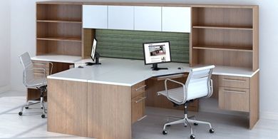 Picture of 2 Person L Shape Office Desk Workstation with Overhead Storage and Bookcase Filing