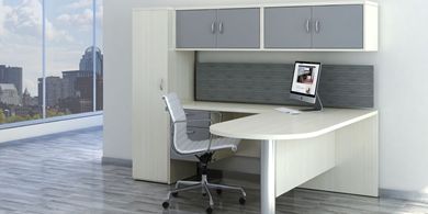 Picture of 72" L Shape Peninsula Desk with Wall Mount Storage and Wardrobe Storage