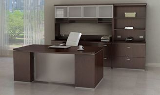 Picture of Contemporary Bowfront Desk with Kneespace Credenza with Overhead Storage and Lateral Bookcase File