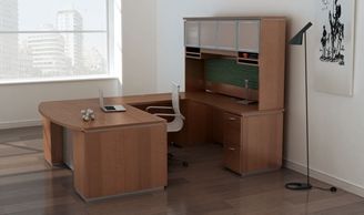 Picture of Contemporary Bowfront U Shape Office Desk Workstation with Glass Door Overhead Storage