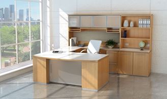 Picture of Contemporary Bowfront U Shape Office Desk Workstation with Glass Door Overhead Storage and Storage Cabinet