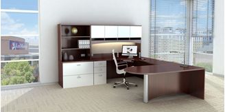 Picture of 72" U Shape Peninsula D Top Office Desk Station with Overhead and Lateral File Bookcase Storage