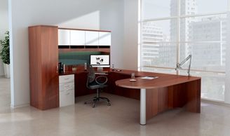 Picture of 72" U Shape Peninsula D Top Office Desk Station with Overhead and Wardrobe Storage