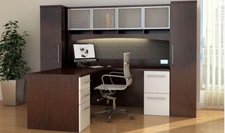 Picture of 72" L Shape Office Desk Workstation with Overhead Storage and Wardrobe Cabinets