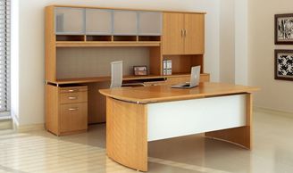 Picture of Contemporary Executive Desk with Kneespace Credenza, Overhead Storage Hutch and Closed Door Cabinet