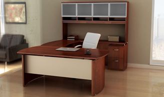 Picture of 72"W Contemporary U Shape Office Desk Workstation with Glass Door Overhead