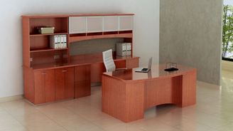Picture of 72"W Executive Desk with Kneespace Credenza and Glass Door Overhead