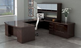 Picture of 72" Bowfront U Shape Office Desk Workstation with Overhead Storage and Lateral File