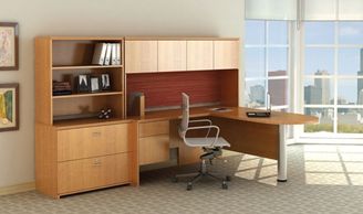 Picture of 72" L Shape Peninsula Desk Station with Overhead Storage and Lateral Bookcase