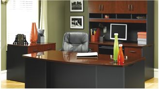 Picture of 72" BowFront Executive Desk with Kneespace Credenza and Lateral File Storage