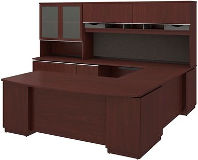 Picture of 72" Bowfront U Shape Office Desk Workstation with Overhead Storage with Lateral File Bookcase