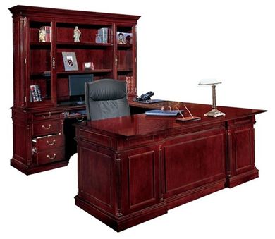 Picture of Traditional Veneer Bowfront U Shape Desk with Glass Overhead Storage