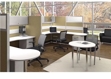 Picture of Cluster of 2 Person L Shape Cubicle Desk Workstation with Round Meeting Table