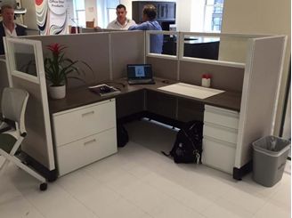 Picture of 72" Powered L Shape Cubicle Desk Workstation with Glass Header and Lateral Filing