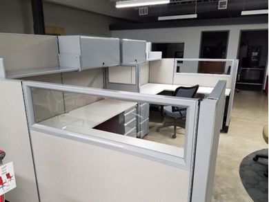Picture of 2 Person L Shape Cubicle Desk Workstation with Filing Storage
