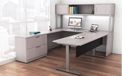 Picture of Powered Height Adjustable U Shape Desk with Lateral Filing and Overhead Storage