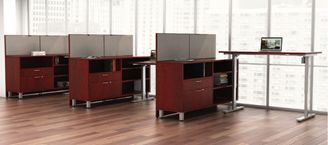 Picture of 3 Person Powered L Shape Office Desk Station with Storage Credenza