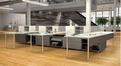 Picture of 6 Person L Shape Desk Steel Workstation with Lateral Filing