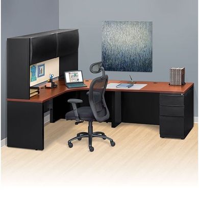 Picture of L Shape Steel Metal Desk with Filing and Overhead Storage