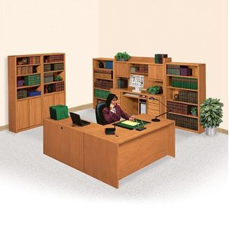 Picture of Veneer L Shape Desk with Computer Credenza Desk and Bookcase Storage