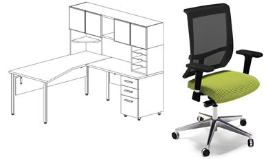Picture of Contemporary L Shape Desk Workstation with Overhead Storage and Ergonomic Task Chair