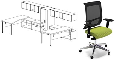 Picture of Contemporary 2 Person L Shape Workstation with Wall Mount Storage with Ergonomic Task Chair