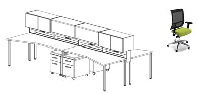 Picture of 4 Person Teaming Bench Workstation with Storage, Power and Ergonomic Chairs